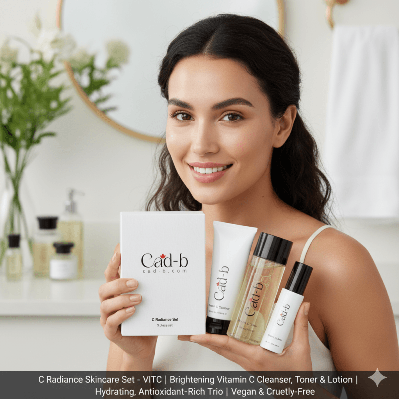 C Radiance Skincare Set Vitamin C Cleanser with model showcasing the complete skincare trio.