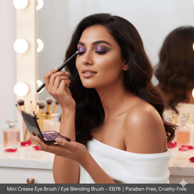Model using Mini Crease Eye Blending Brush to apply eyeshadow for flawless eye makeup.