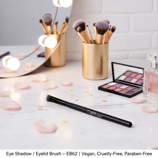 Packing Eye Shadow Brush on a vanity with makeup products, perfect for flawless eyeshadow application.