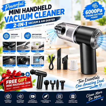 🌀 2-in-1 Mini Cordless Vacuum Cleaner 6000Pa + FREE Mini Massage Gun 🎁 | Vacuum & Air Duster Combo