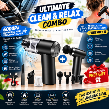 🌀 2-in-1 Mini Cordless Vacuum Cleaner 6000Pa + FREE Mini Massage Gun 🎁 | Vacuum & Air Duster Combo