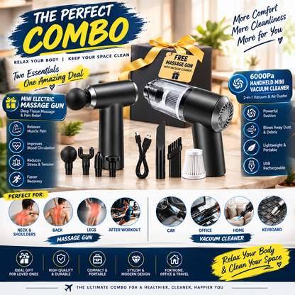 🌀 2-in-1 Mini Cordless Vacuum Cleaner 6000Pa + FREE Mini Massage Gun 🎁 | Vacuum & Air Duster Combo
