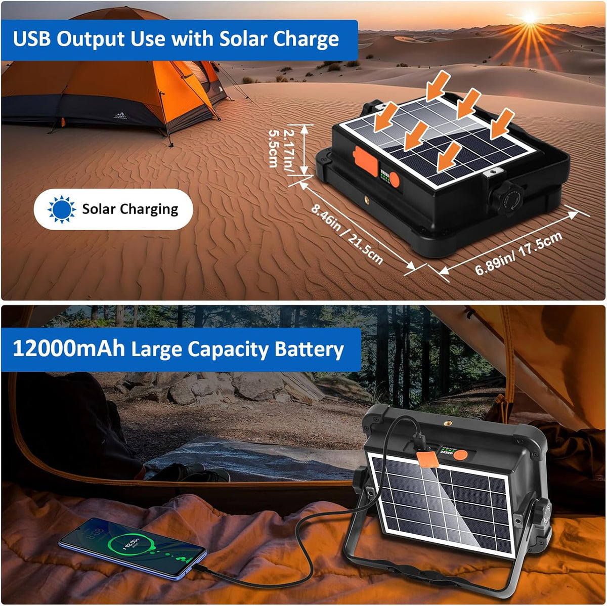 LED Floodlight with Solar Panel and Power Bank
