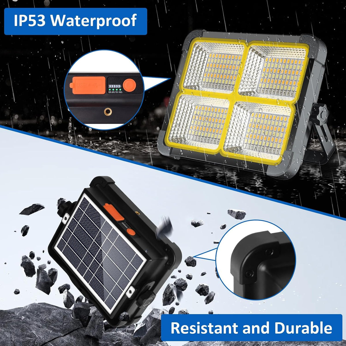 LED Floodlight with Solar Panel and Power Bank
