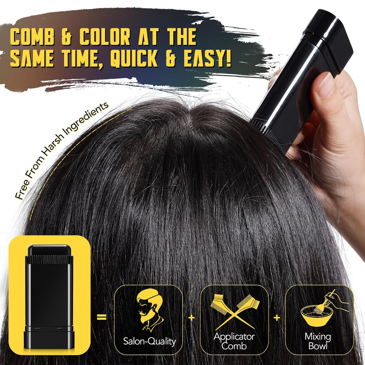 Black Hair Dye Stick for Men & Women | Instant Grey Hair & Root Touch-Up with Built-In Comb