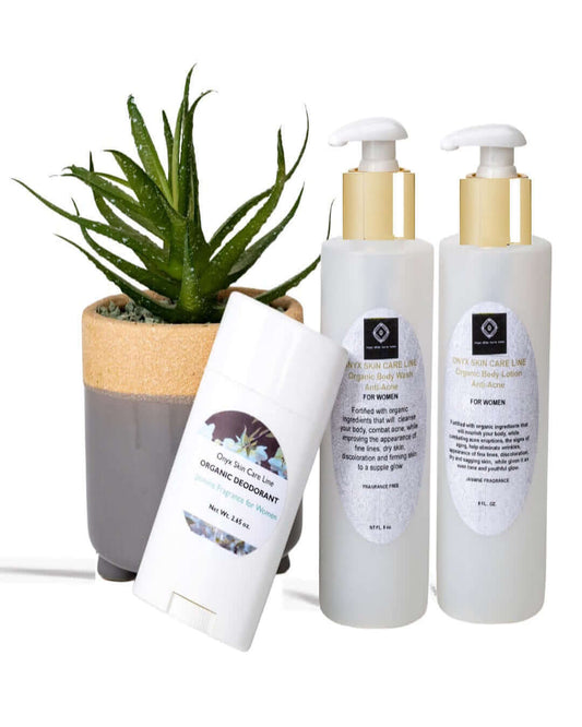 Organic skincare bundles for women featuring a deodorant and two bottles of skincare products next to a plant.