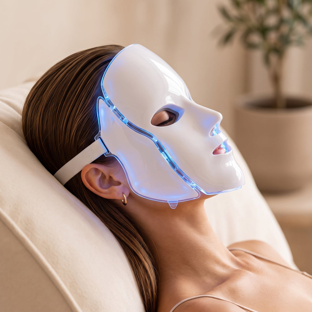 Woman using LED Light Therapy Face Mask during skincare routine
