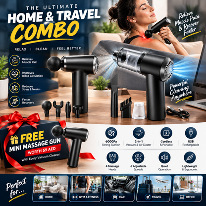 🌀 2-in-1 Mini Cordless Vacuum Cleaner 6000Pa + FREE Mini Massage Gun 🎁 | Vacuum & Air Duster Combo
