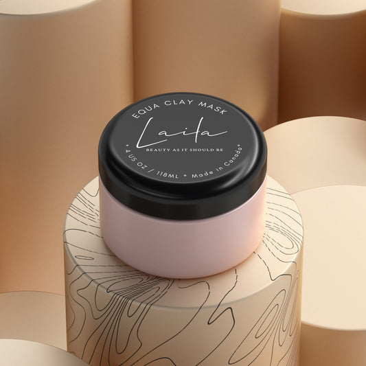 Equa-derm Clay Mask in a stylish container, featuring the label and hydrating clay mask for skin.