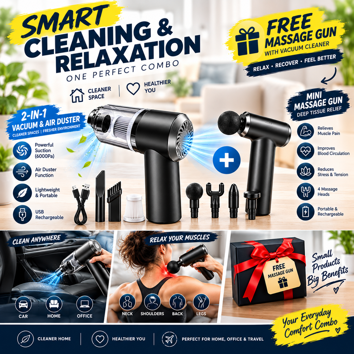 🌀 2-in-1 Mini Cordless Vacuum Cleaner 6000Pa + FREE Mini Massage Gun 🎁 | Vacuum & Air Duster Combo