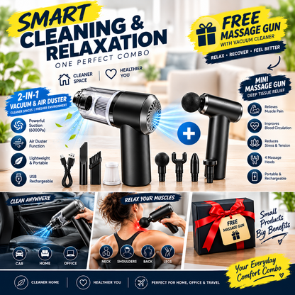 🌀 2-in-1 Mini Cordless Vacuum Cleaner 6000Pa + FREE Mini Massage Gun 🎁 | Vacuum & Air Duster Combo