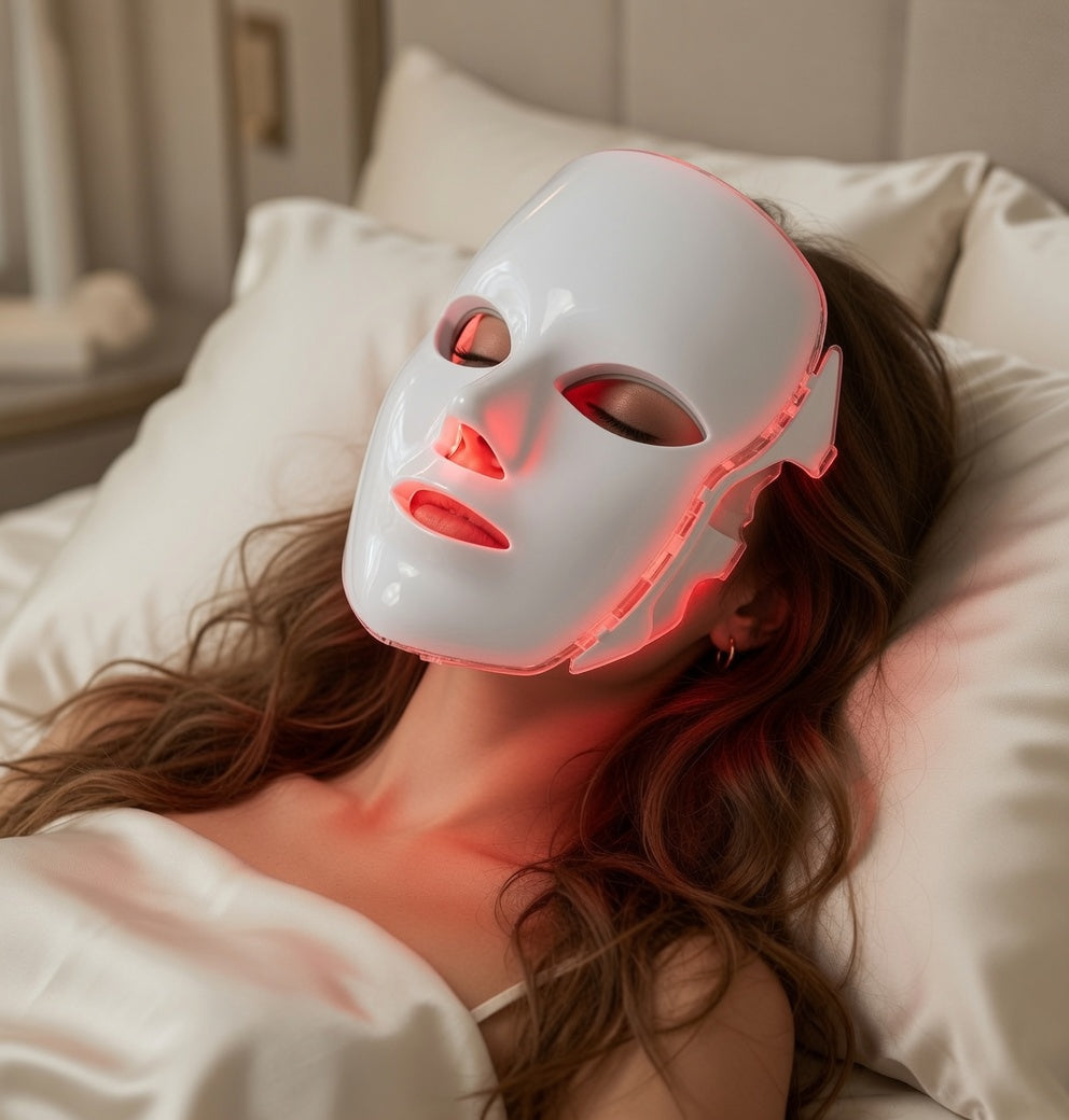 Woman wearing LED Light Therapy Face Mask for facial care