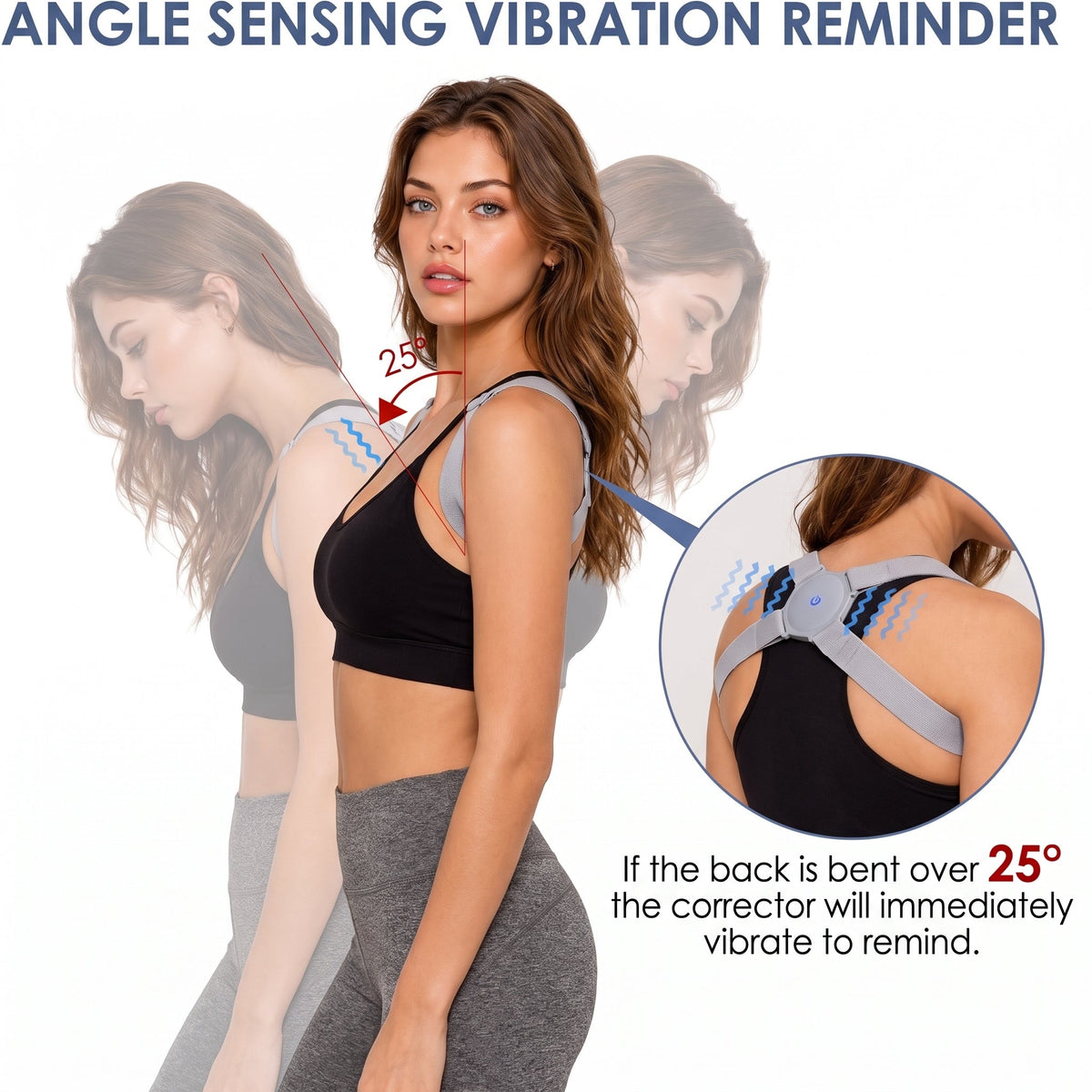 Vibrating posture reminder worn across upper back